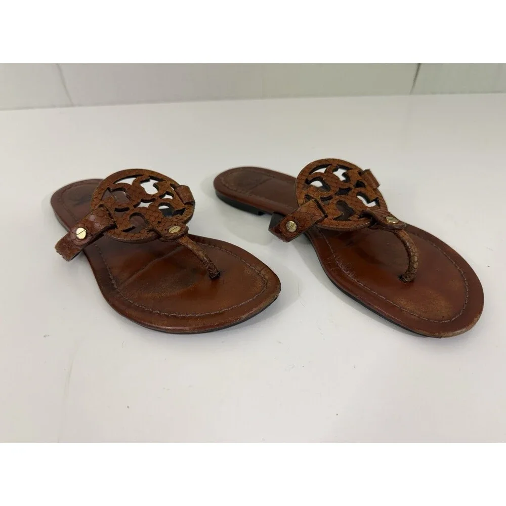 Tory Burch Miller Sandal Logo Brown Leather Model Off Duty Sz 7 M